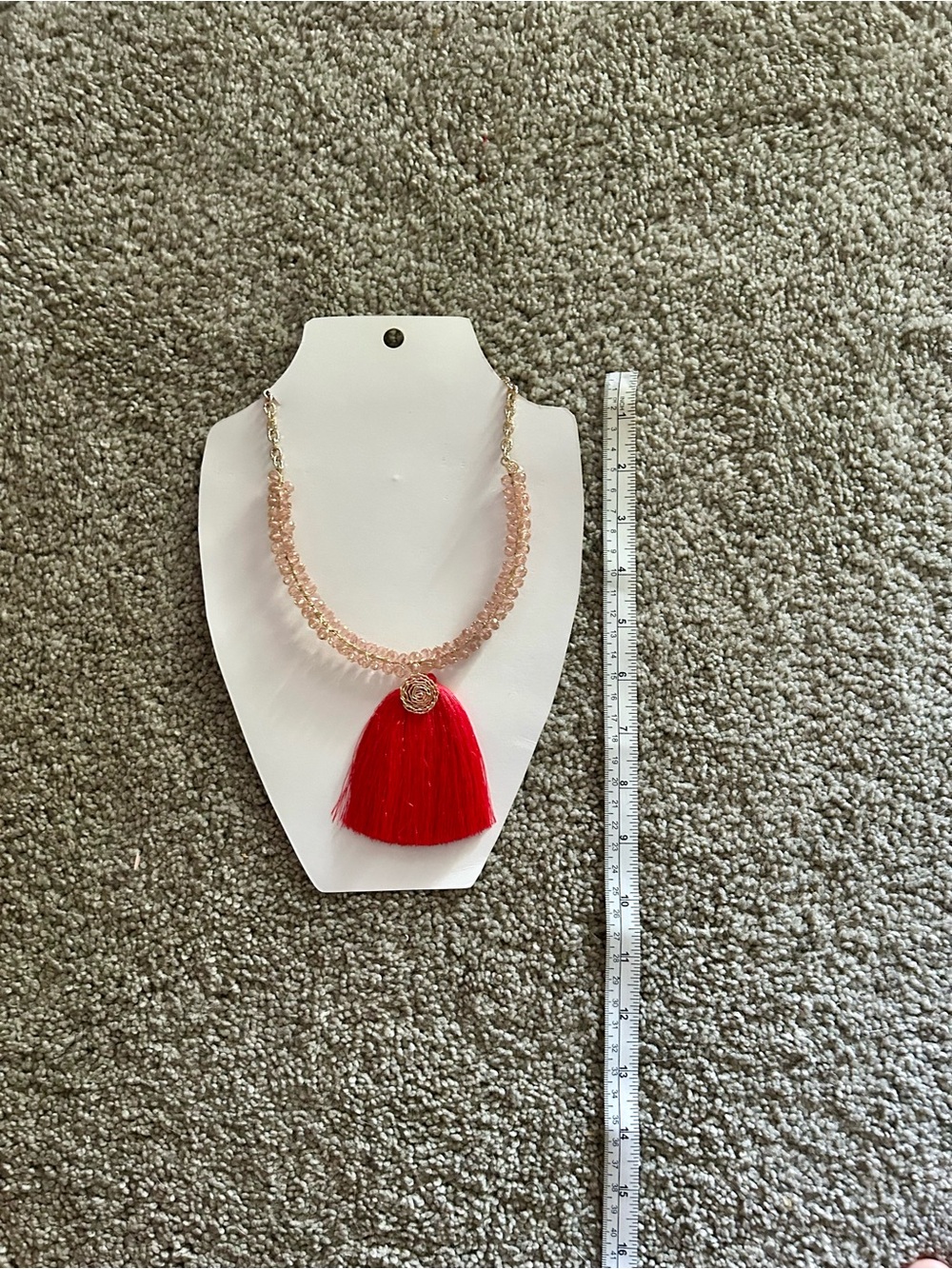 Red Tassel Pendant Necklace with Pink Beaded Chain